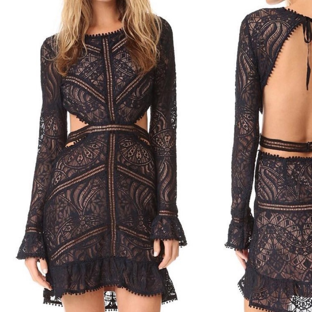 For Love And Lemons Black Lace Long-Sleeve Cutout Mini Dress